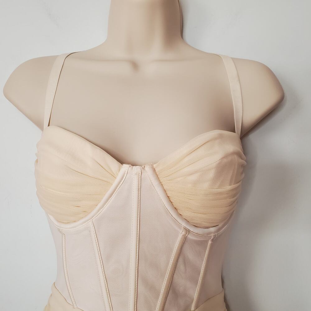 Oh Polly Overload Mesh Bodycon Corset Mini Dress Ivory Cream Ruched Lined Size 6 - Picture 7 of 14